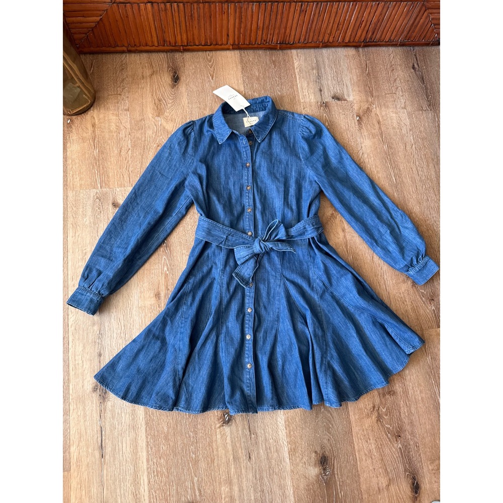 Sezane NWT Sol Denim Dress Bleu Blue Long Sleeve Button Front Belted Size 38